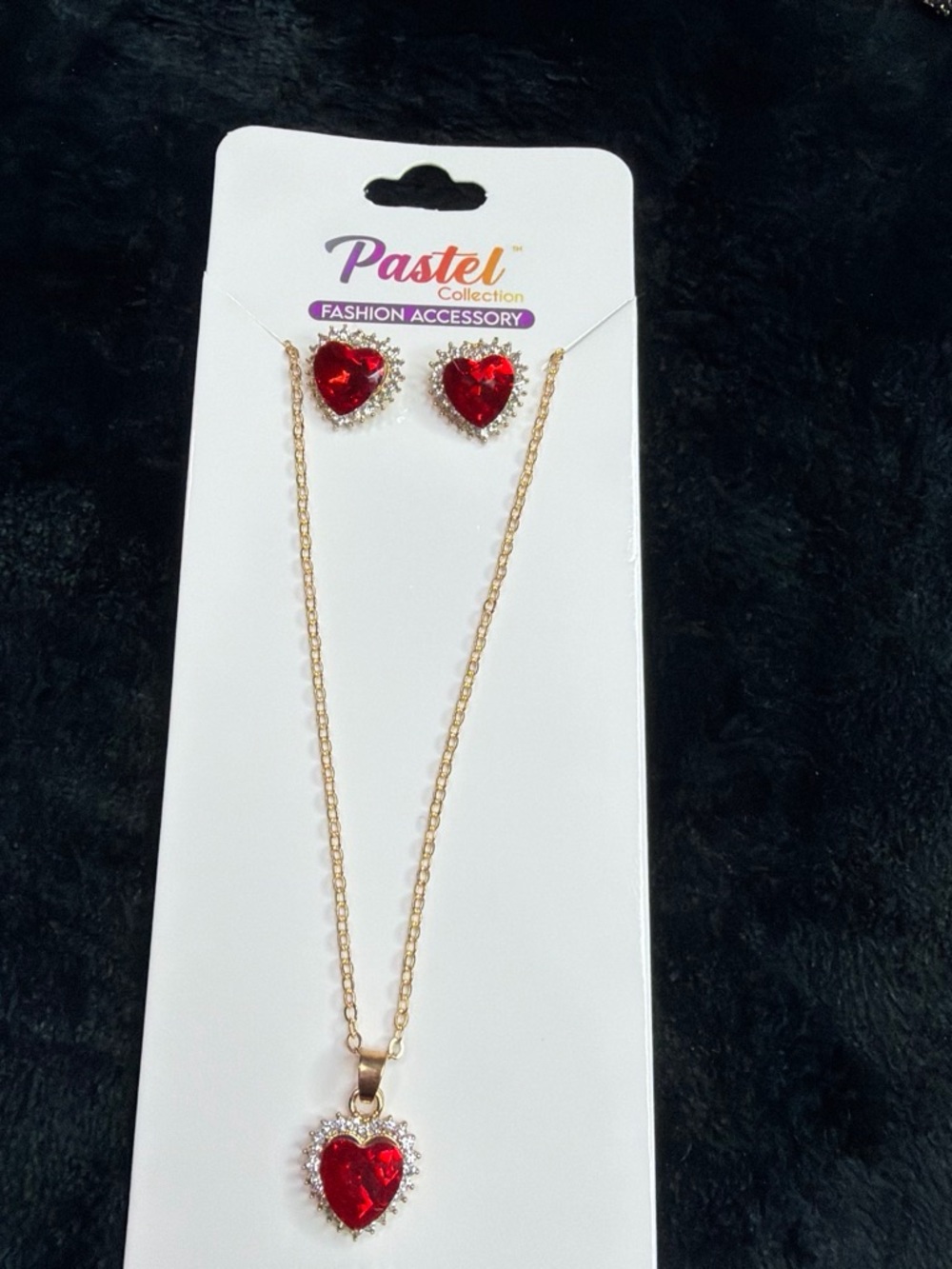Gold Necklace and Red Heart Stud Earrings Set
